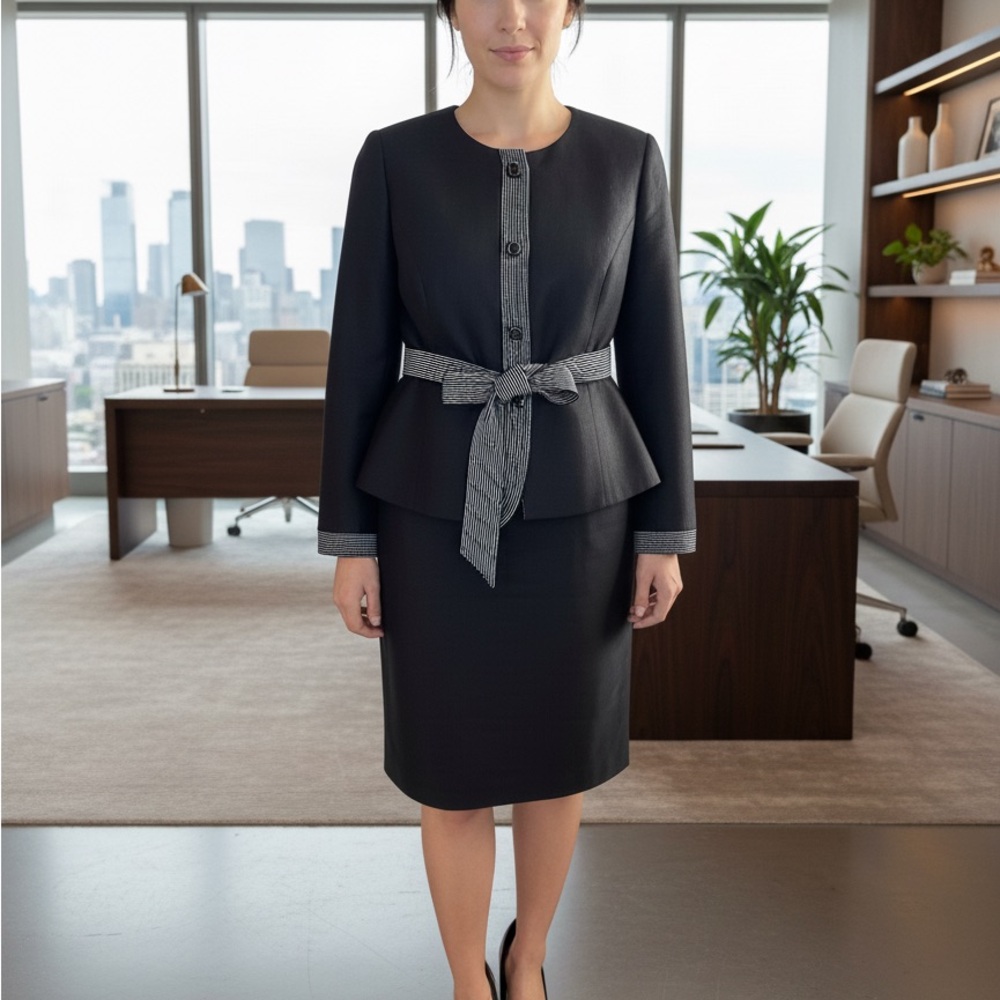 Kasper Linen Blend Peplum Skirt Suit Set Black Size 4P Belted